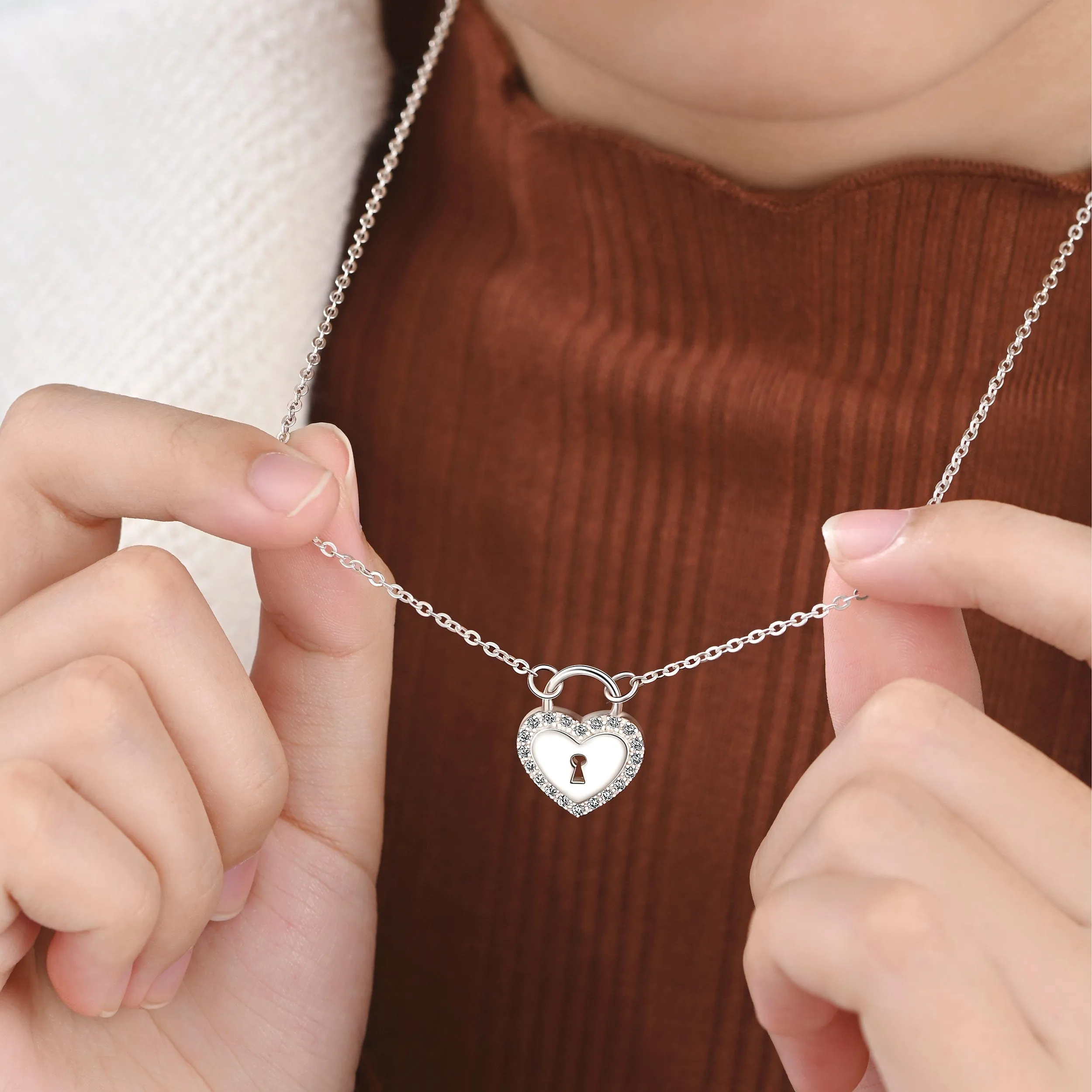 Sterling Silver Heart Lock Necklace with CZ