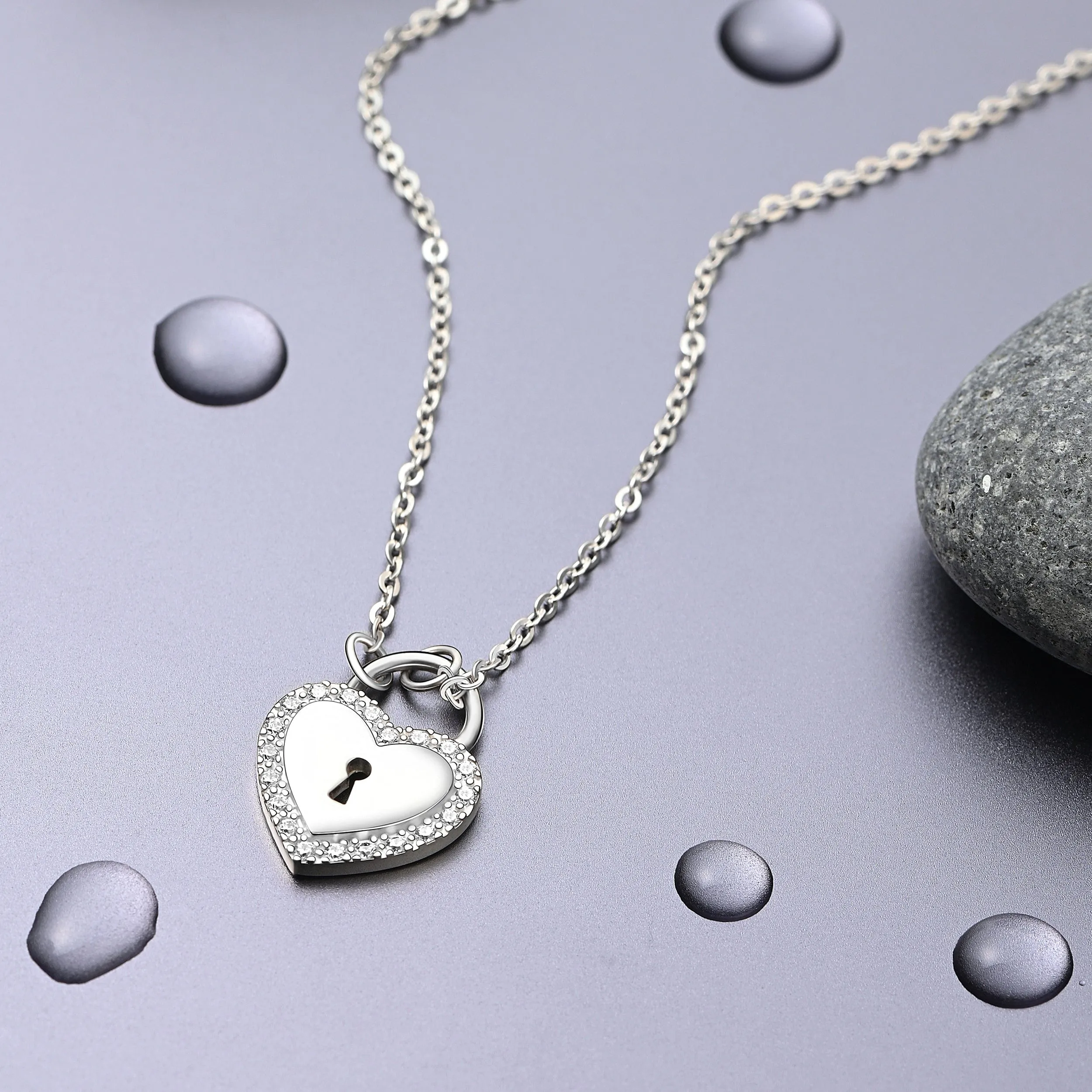 Sterling Silver Heart Lock Necklace with CZ