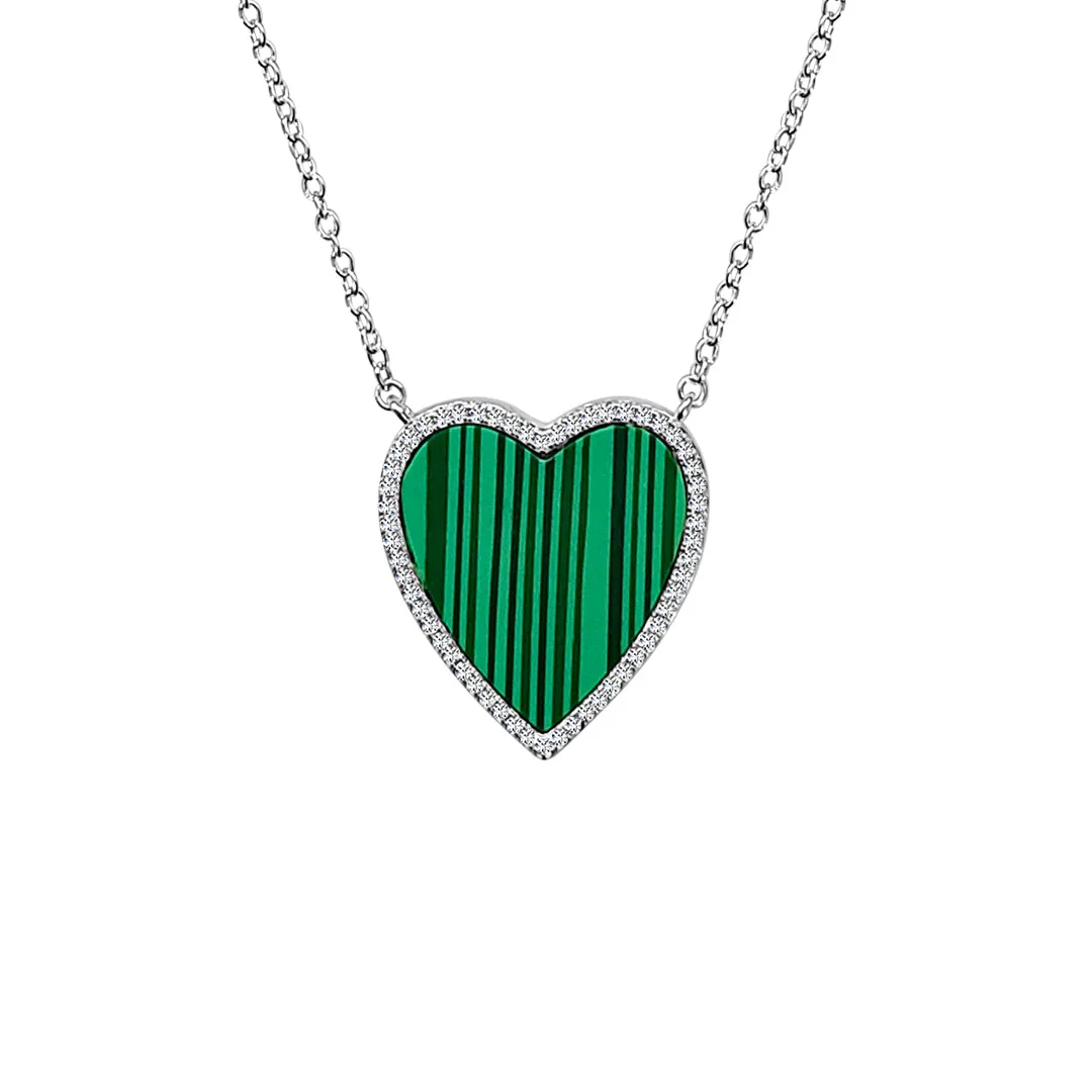 Sterling Silver Malachite Heart Halo Necklace