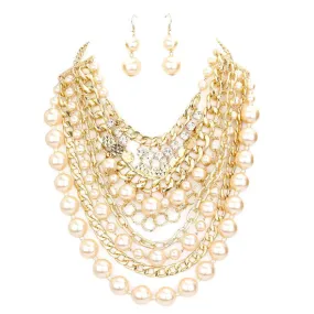 Stone Charm Chain Pearl Bib Necklace