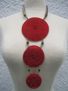 Triple Disc Necklace with Horn Glass Red