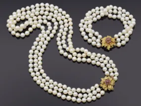 Vintage 14K Gold Sea Pearl & Ruby Beaded Multi-Strand Necklace & Bracelet Set