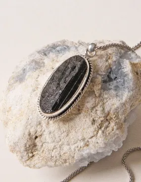 Vintage Raw Black Tourmaline Oval Silver Pendant