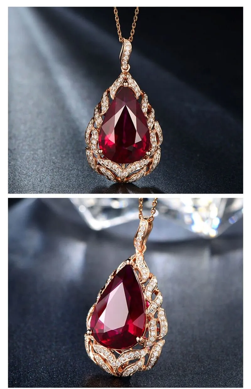 Water Drop Ruby Rose Gold Pendant Necklace