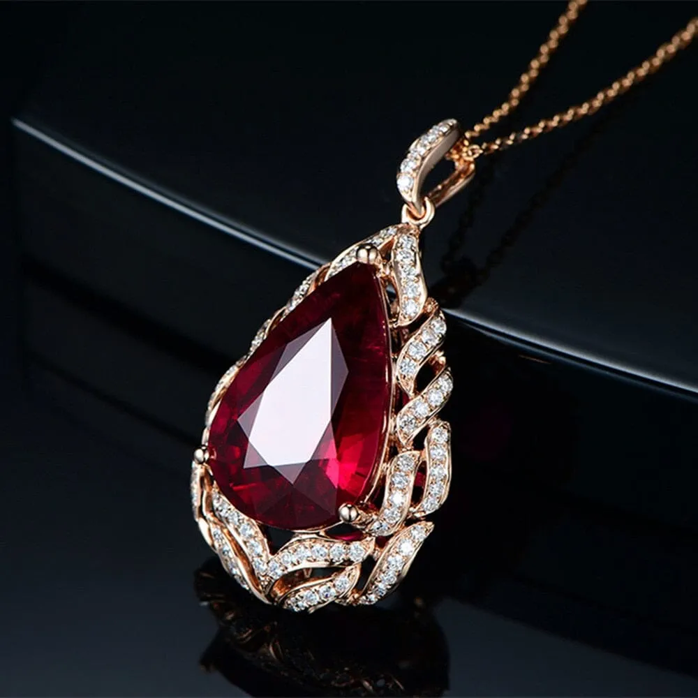 Water Drop Ruby Rose Gold Pendant Necklace