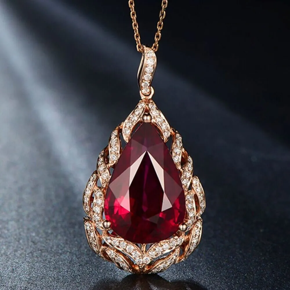 Water Drop Ruby Rose Gold Pendant Necklace