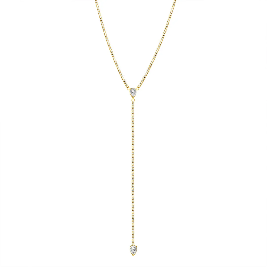 Water Resistant Crystal Y- Lariat Drop Tennis Chain Necklace gold