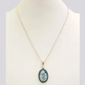 White Topaz with Green and White Agate Mother and Child Cameo Necklace