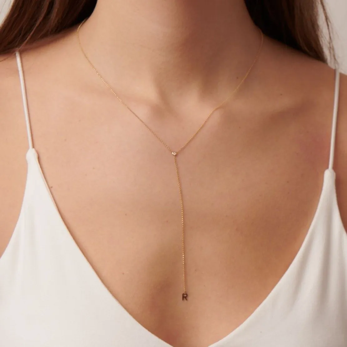 Yellow Gold Lariat Single Initial Necklace